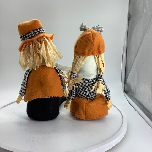 Vtg Fabric Scarecrow Dolls Houndstooth Outfits Straw Hair 12" Tall Fall Harvest - Picture 4 of 5